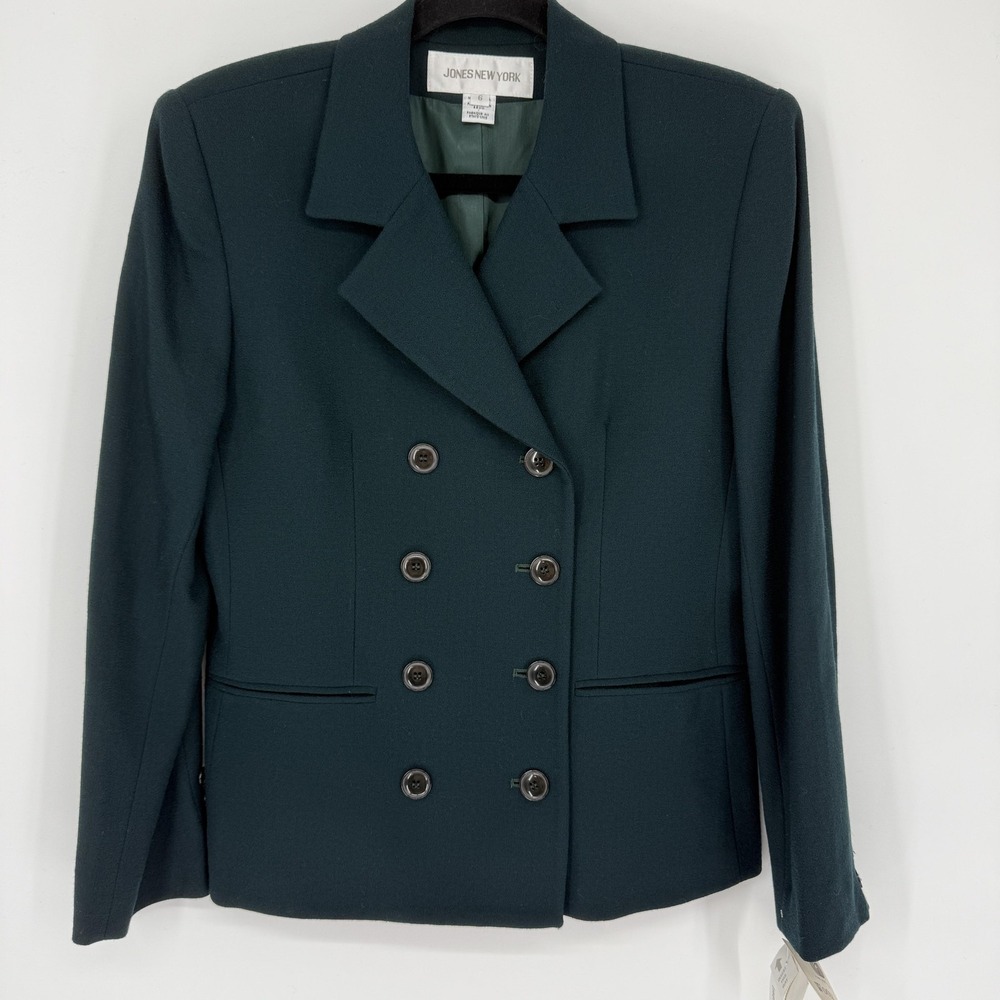 VTG Jones New York Blazer Women 6 Dark Green Wool Lined Double Breasted Made USA